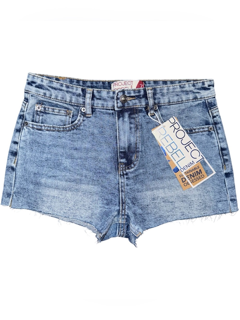 Project Rebel Denim NWT Acid Wash Jean Shorts Juniors Sz 7 Raw Fray Hem Festival
